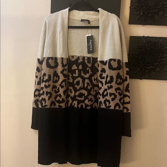 Guilty Sweaters - Colorblock Leopard Open Cardigan - Cream, Tan & Black